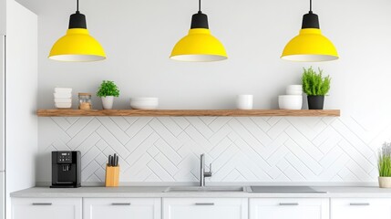 Modern Kitchen Interior with Yellow Pendant Lights and Plants