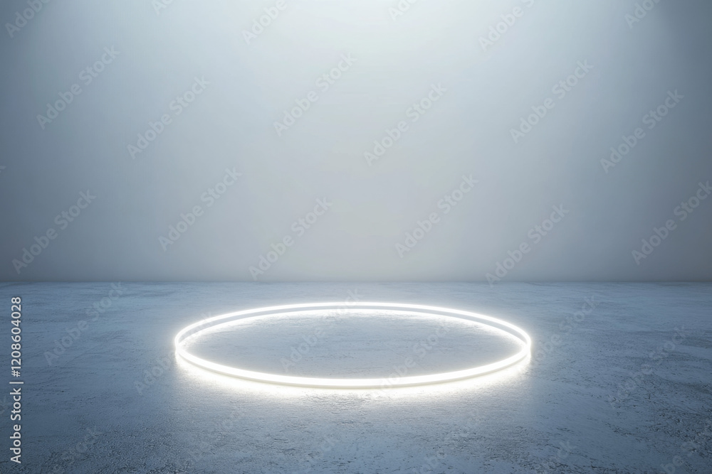 Poster light circle on a reflective floor in a minimalistic, foggy environment
