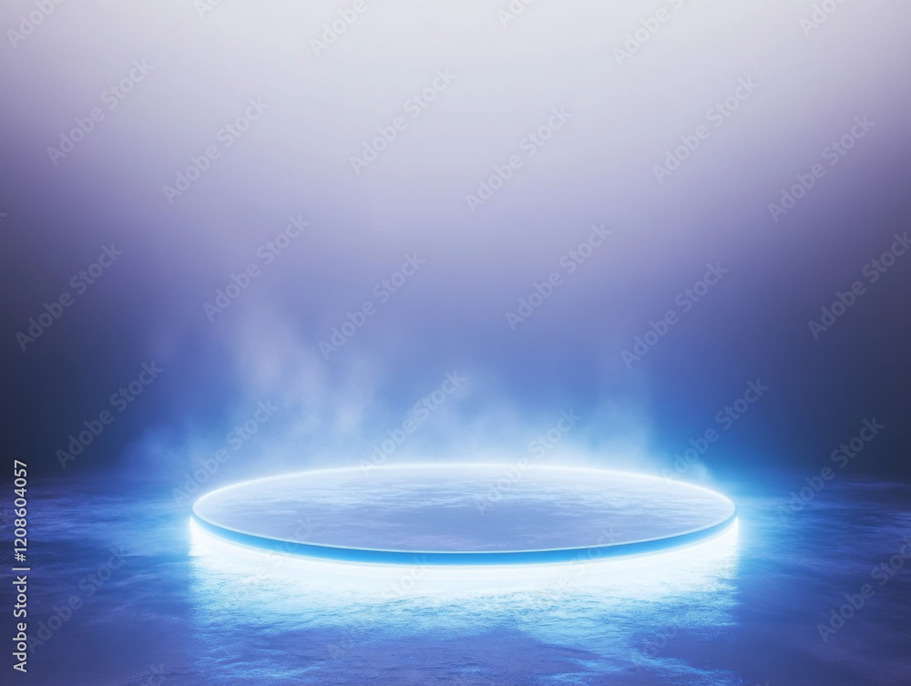 Poster illuminated circle on a clean surface with soft haze and vibrant glow in a tranquil setting