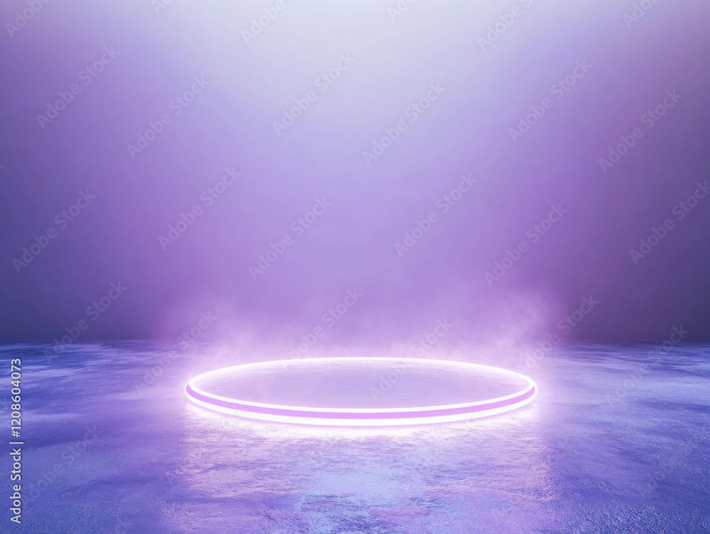 Poster light illuminates a clean surface with a purple glow in a minimalist setting during low light condit