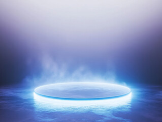 Illuminated circle on a clean surface with soft haze and vibrant glow in a tranquil setting