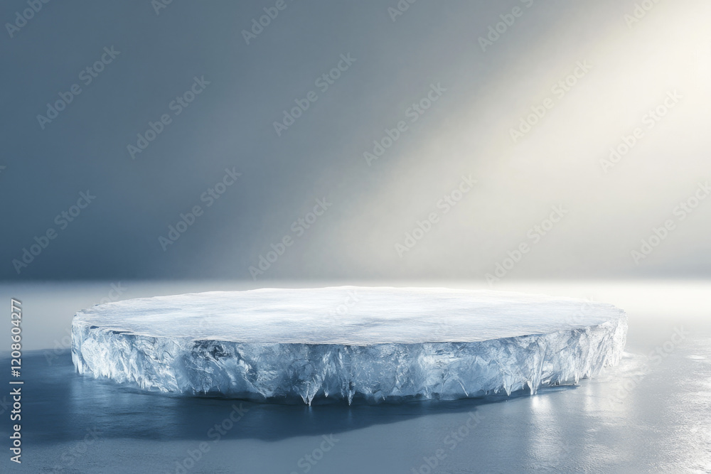 Poster frosty ice platform with sharp edges illuminated by soft light in a serene environment