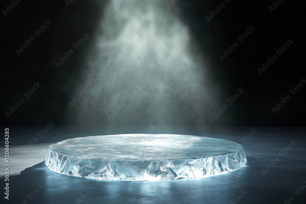 Poster frosty ice platform with cool edges illuminated by mist in a dark environment