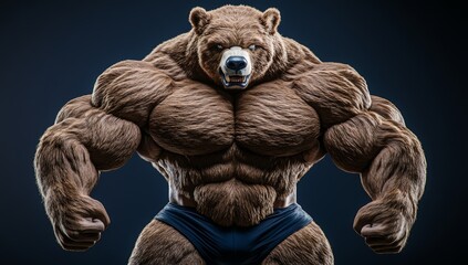 An illustration showing a strong humanoid bear exercising at a gym