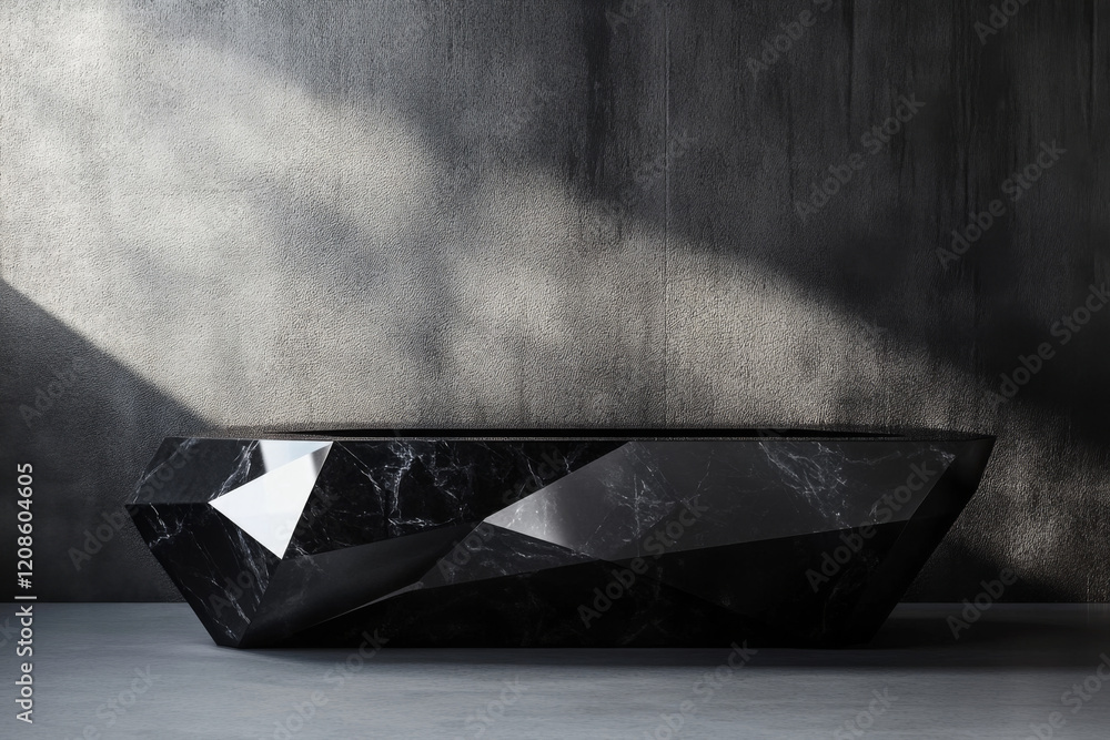 Aufkleber black obsidian podium with sharp angles illuminated by natural light in a minimalistic space
