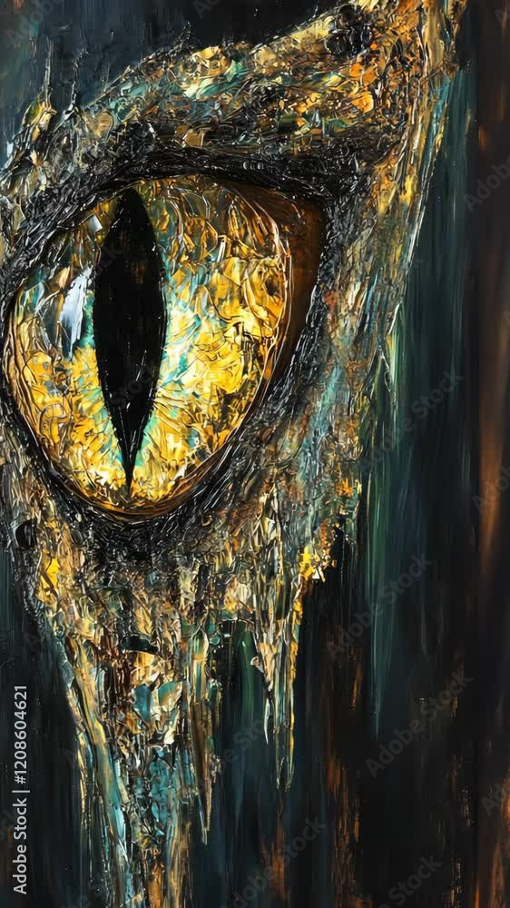 Poster Intricate close-up of a mesmerizing golden eye with striking textures and deep shadows creating an aura of mystery