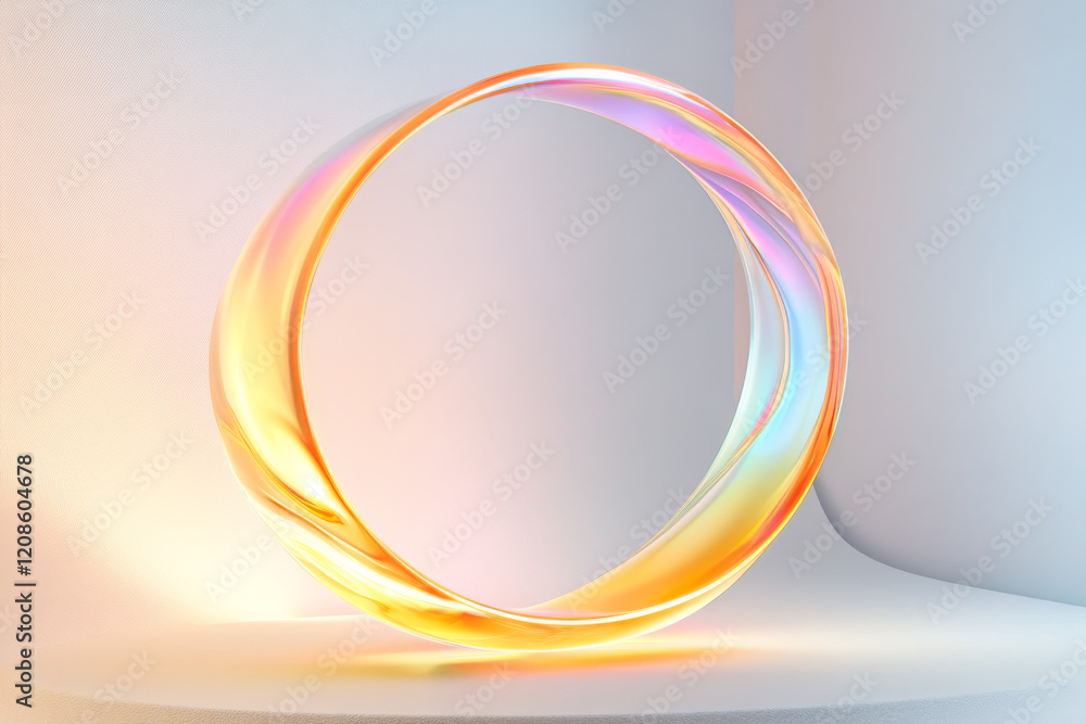 Poster circular translucent podium reflecting light in a modern setting with soft colors and gentle curves