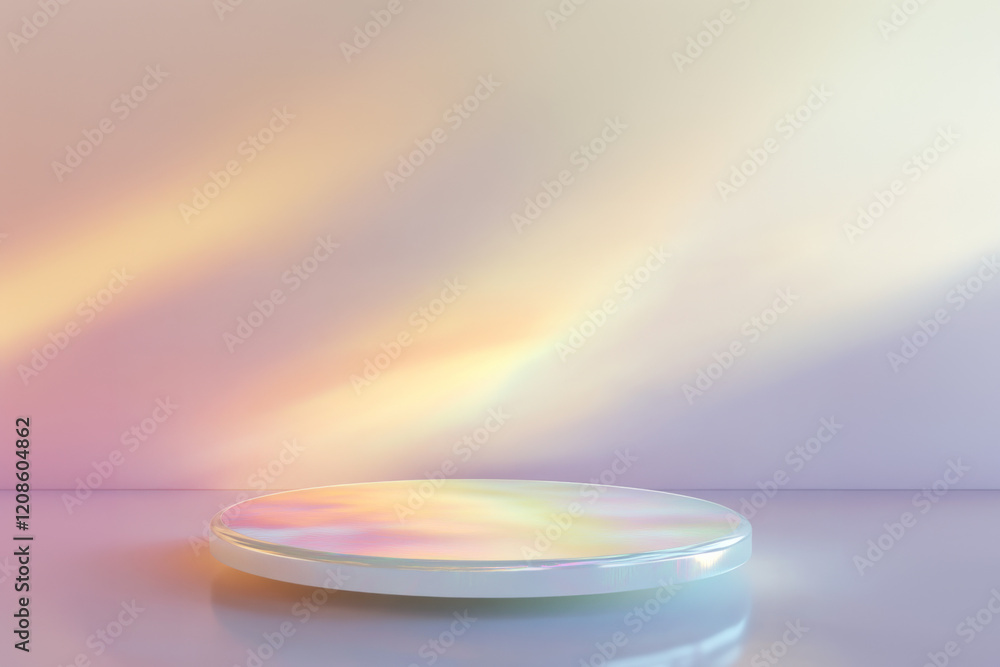 Poster holographic podium with soft pastel colors creating an ethereal display