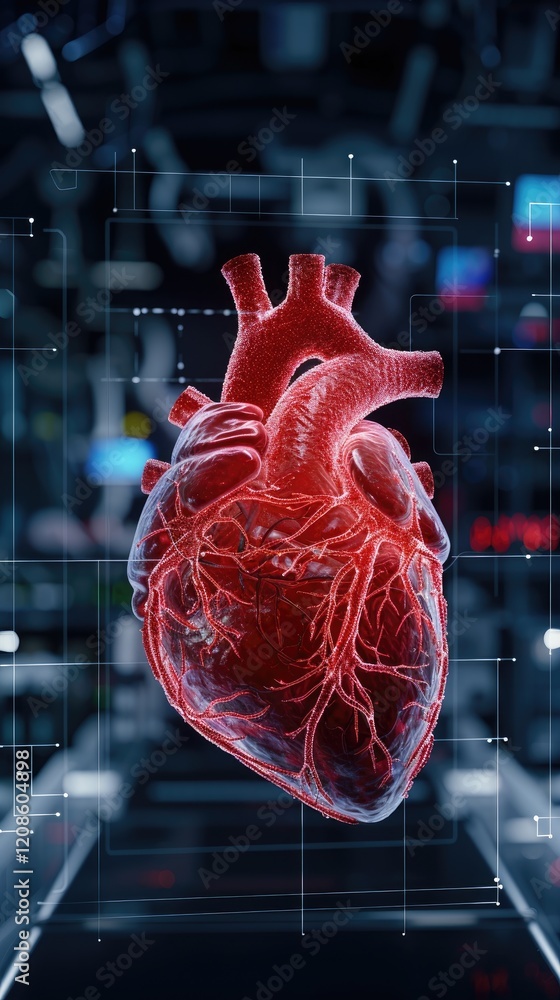 Poster 3d rendered heart with glowing elements on a tech background.