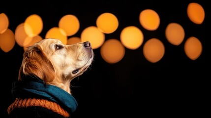 Dog wearing a scarf against a blurred warm light background.