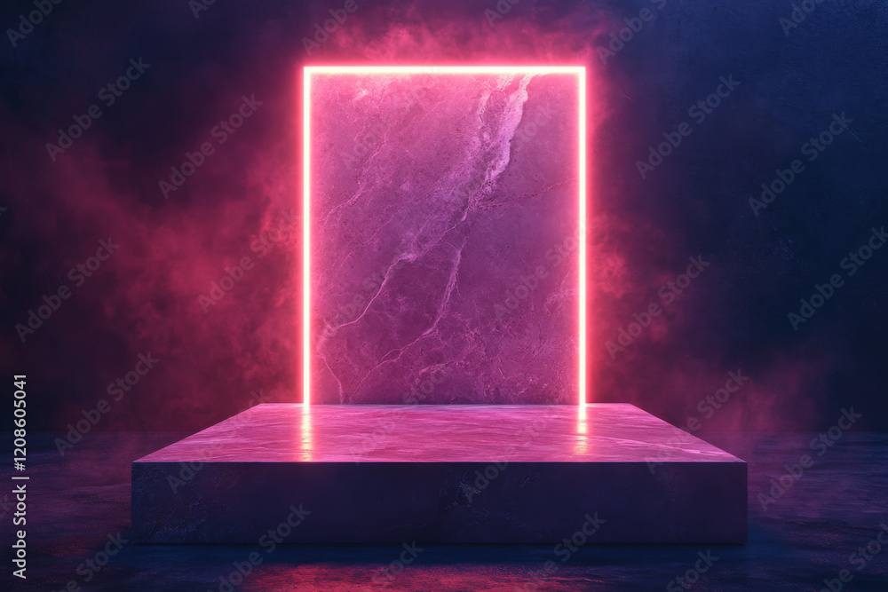 Poster pedestal with neon lines and metallic surface illuminated in a dark space with a vibrant glow