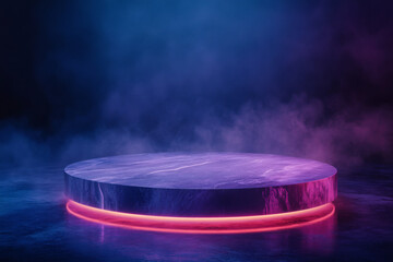 Neon illuminated pedestal with metallic surface surrounded by colorful haze
