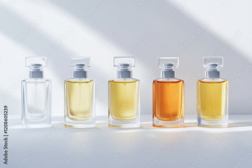 Poster elegant arrangement of perfumed bottles displaying a spectrum of colors in minimalist setting