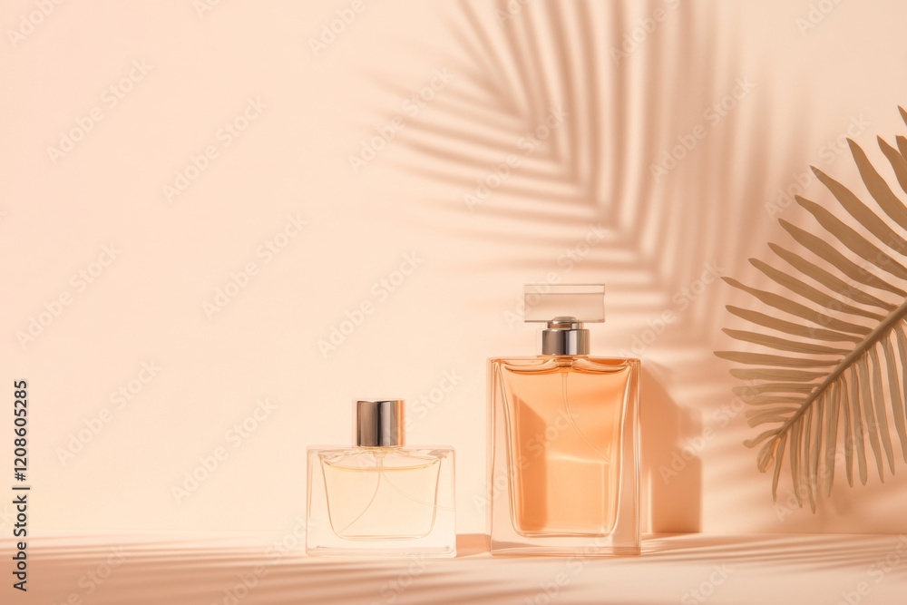 Aufkleber elegant perfume bottles with soft shadows and a tropical leaf in minimalistic setting