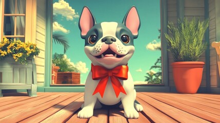 A cheerful cartoon-style dog with a red bow sitting on a porch.