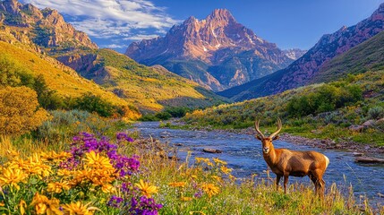 Deer by autumn river, mountain backdrop, scenic landscape