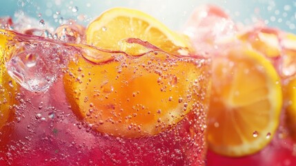 Refreshing fizzy citrus drink with lemon slices and bubbles