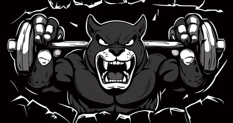 A gym mascot featuring a panther jaguar leopard, engaged in weightlifting by holding a dumbbell in its claw