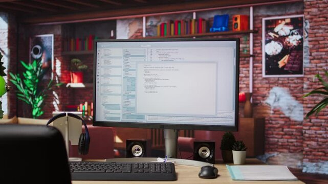 Programming code executing software UI on computer monitor in apartment office. Close up of coding application on PC screen used to write and test code in modern apartment, jib down shot