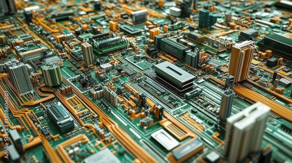Poster complex circuit board with intricate traces and electronic components close-up