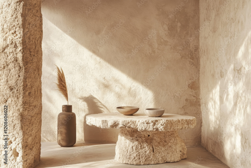 Poster sandstone pedestal with layered texture in a minimalist interior setting featuring simple decorative