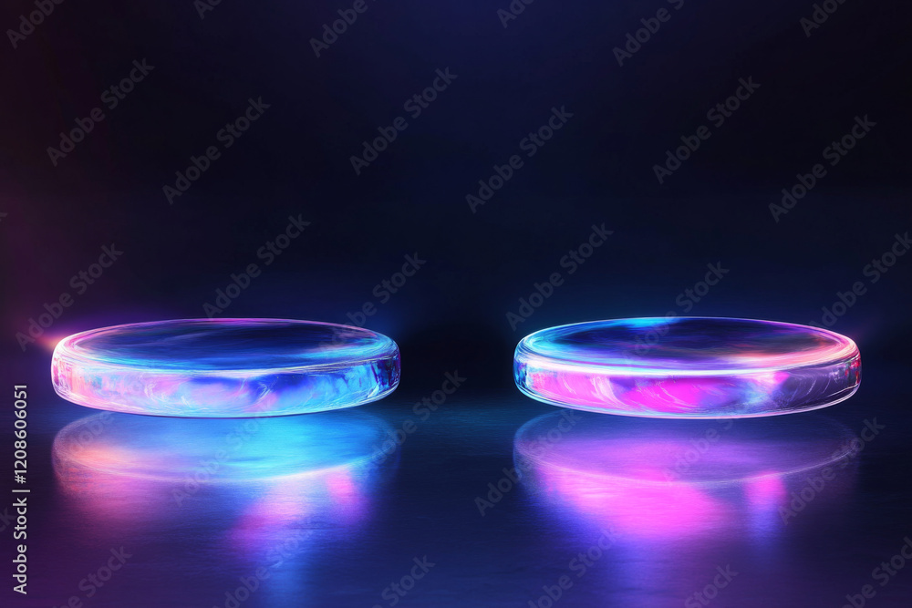 Poster hologram disks emitting vibrant colors on an isolated dark background