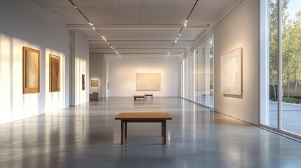 Sunlit modern art gallery interior with paintings and minimalist furniture.