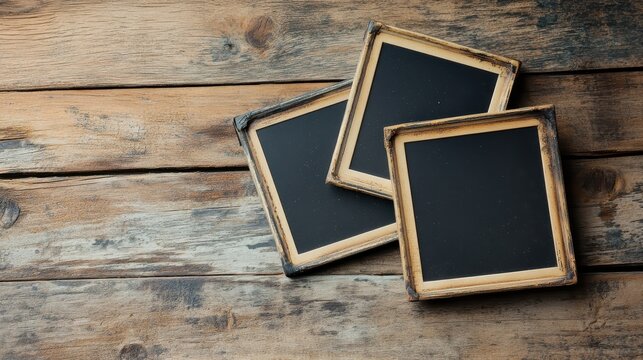 Three vintage empty chalkboards on rustic wooden surface