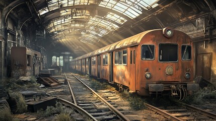 An abandoned train station with an old orange train, surrounded by overgrown plants and illuminated by soft sunlight filtering through the broken glass roof.