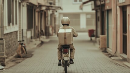 Obraz premium Delivery person on motorbike in narrow street.