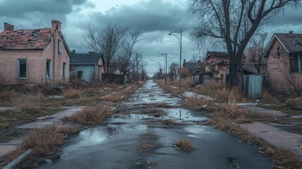 A desolate street lined with abandoned houses and overgrown vegetation, reflecting an eerie, post-apocalyptic atmosphere under overcast skies.