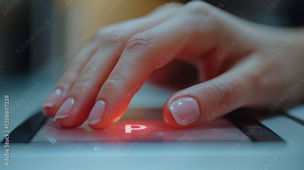 Poster close-up of a hand interacting with a touchscreen displaying a glowing red 'p'.