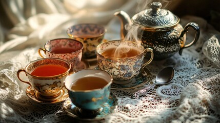 Fototapeta premium Steaming tea in ornate cups and teapot on lace.