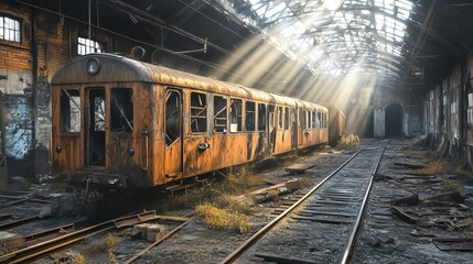 An abandoned train car sits in a sunlit, decaying warehouse, surrounded by overgrown grass and a sense of nostalgia.