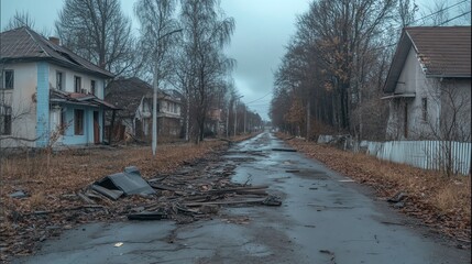 A desolate street lined with abandoned houses, overgrown vegetation, and debris, evoking a sense of neglect and decay in a somber atmosphere.