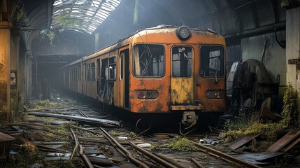 Obraz premium An abandoned, rusty orange train sits in a dilapidated station, overgrown with plants and surrounded by decay, evoking a sense of forgotten history.