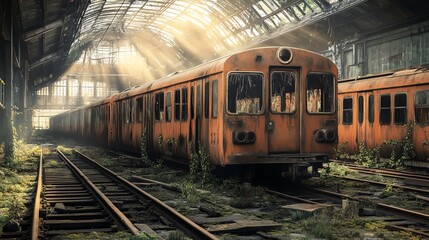 An abandoned train station features rusty orange train cars surrounded by overgrown vegetation and illuminated by soft rays of sunlight filtering through the roof.