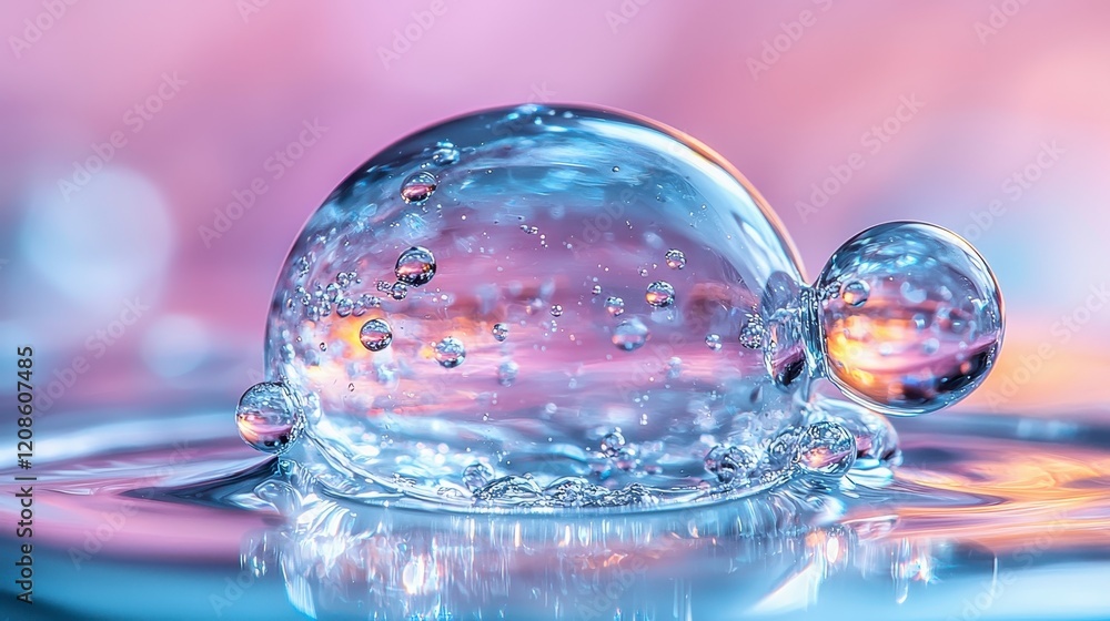 Poster close-up of a large transparent bubble with smaller bubbles inside, resting on a water surface with 