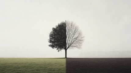 Half-leafed tree in foggy field, split image.