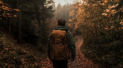 Naklejka premium A hiker walks along a tranquil forest path adorned with autumn leaves, capturing the essence of adventure and nature's beauty.