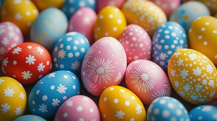 Fototapeta premium Vibrant easter eggs with decorative patterns in overhead flat lay for holiday celebration