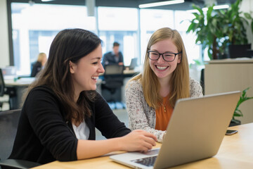 Two women smiling and working together on a laptop in a modern, bright office space. Collaborative business meeting, teamwork, and productivity concept. 