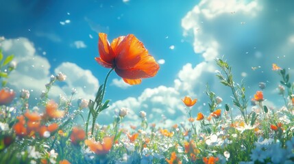 Obraz premium Vibrant poppy in a sunlit field of wildflowers under a bright blue sky.