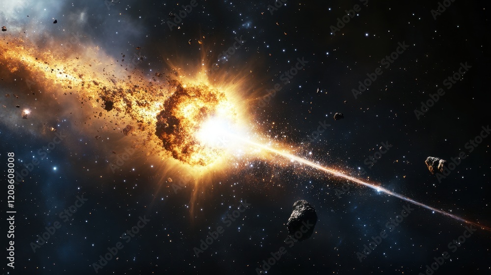 Poster explosive meteor impact in space with bright starry background