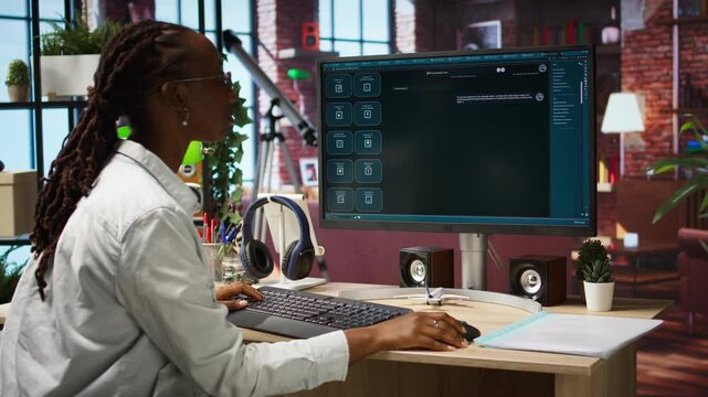 Woman seated at desk using AI LLM chatbot software in modern urban home office. Person requesting help from large language model program on computer in bright apartment workspace, camera A