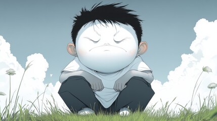 Determined asian male child sitting on grass in cartoon style