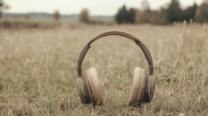 Naklejka premium Over-ear headphones resting in a grassy field.