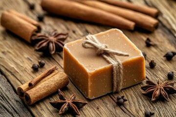 Natural Handmade Soap Bar Wrapped with Twine Next to Cinnamon Sticks and Star Anise on Rustic Wooden Table Background for Aromatherapy and Skincare Photography