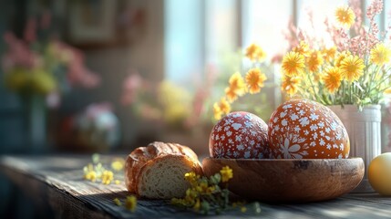 Easter celebration with decorated eggs and bread on rustic table