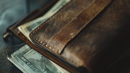 Close-up of a brown leather wallet with dollar bills inside.